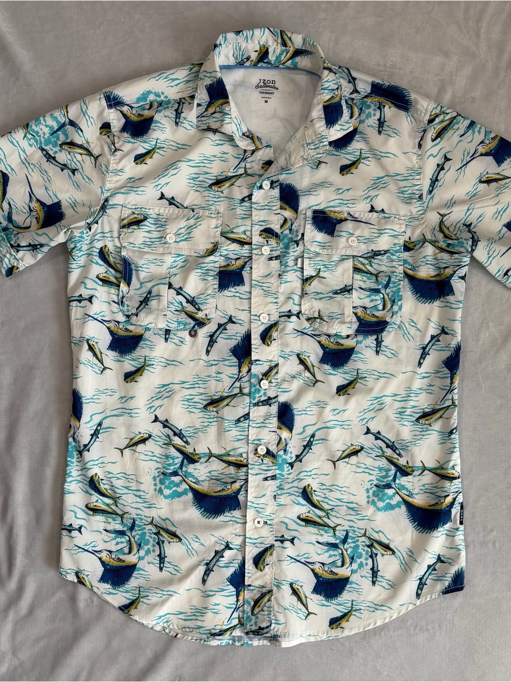 Izod White Short-Sleeve Button-Down with Blue & Teal Marlin Print